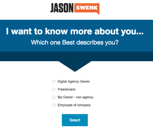Jason Swenk segments his list on the thank you page with a simple choice of radio buttons